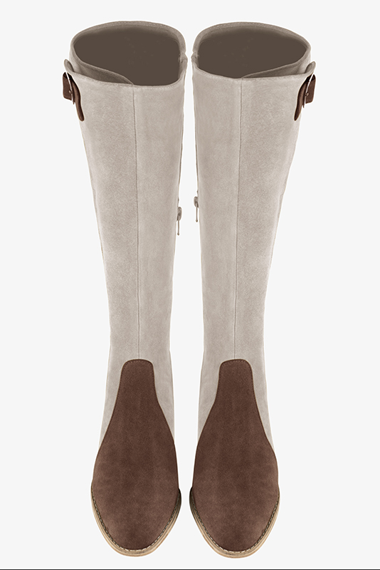 Chocolate brown and off white women's knee-high boots with buckles. Round toe. Low leather soles. Made to measure. Top view - Florence KOOIJMAN